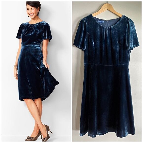RSVP by Talbots Navy Blue Velvet Short Sleeve Dress Women’s 10 Party Holiday - Picture 1 of 8